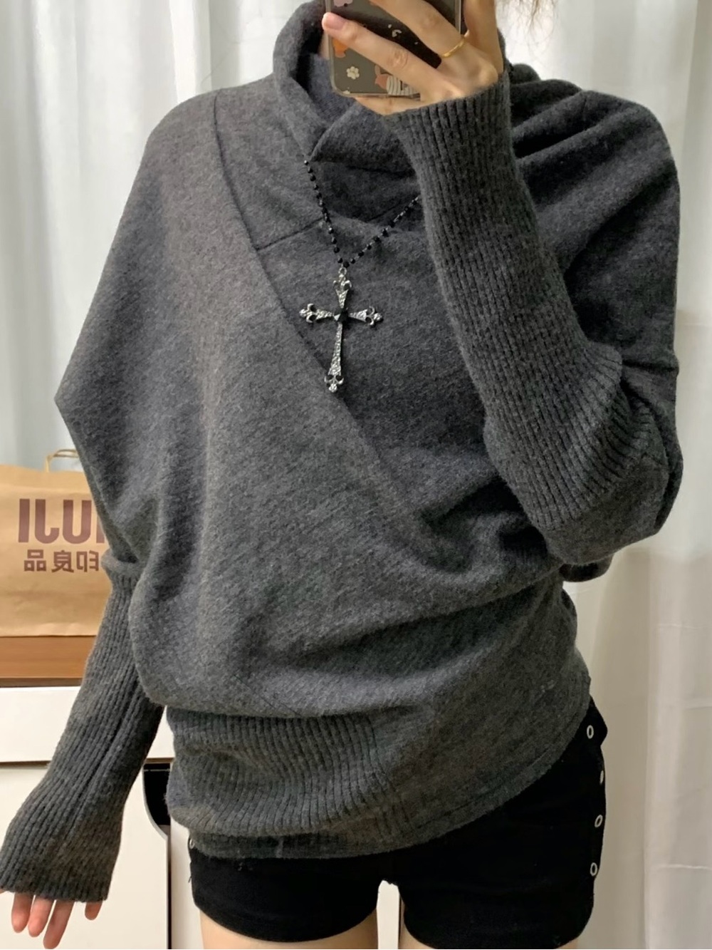 Y2K Batwing Sleeve Charcoal Gray Cowl Neck Fitted Waist Sweater